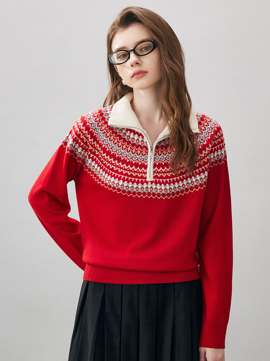 COMOBOCA Red 100% Wool Women's Fair Isle Zip Up Sweater