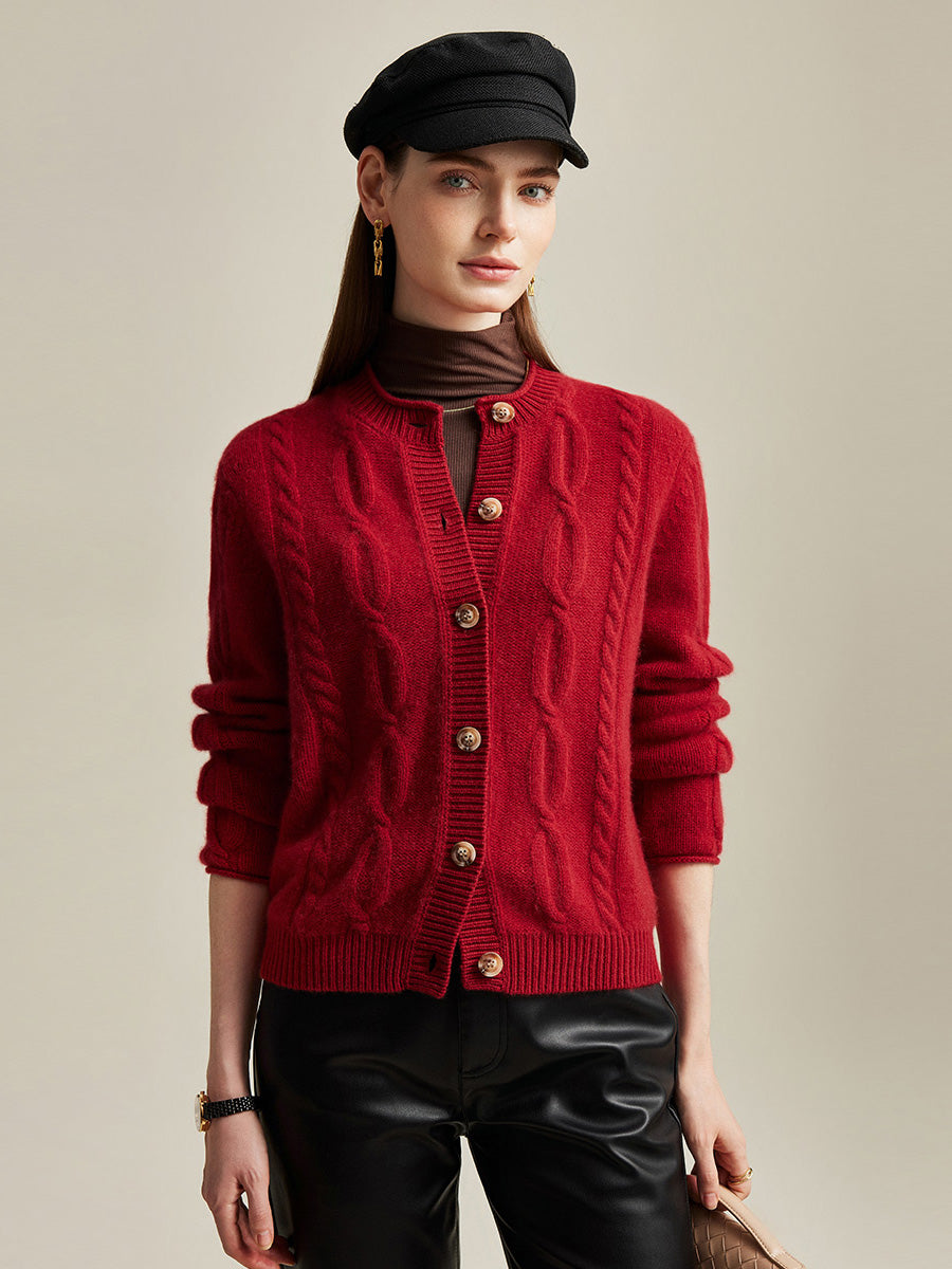 COMOBOCA Red 100% Cashmere Women's Cable Knit Cardigan