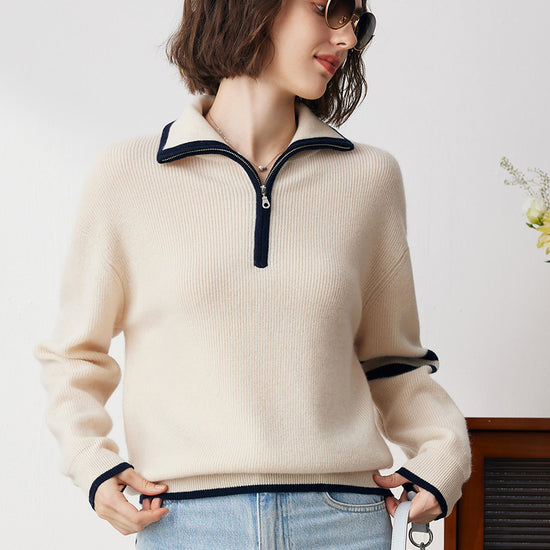 COMOBOCA Beige 100% Cashmere Women's Contrast Trim Zip Sweater