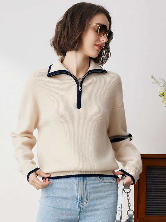 COMOBOCA Beige 100% Cashmere Women's Contrast Trim Zip Sweater