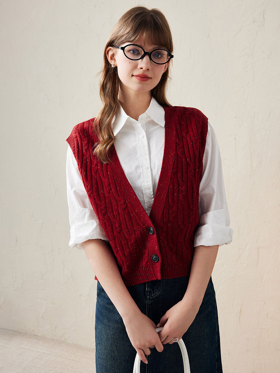 COMOBOCA Red 100% Wool Women's Cable Knit Button-Front Vest