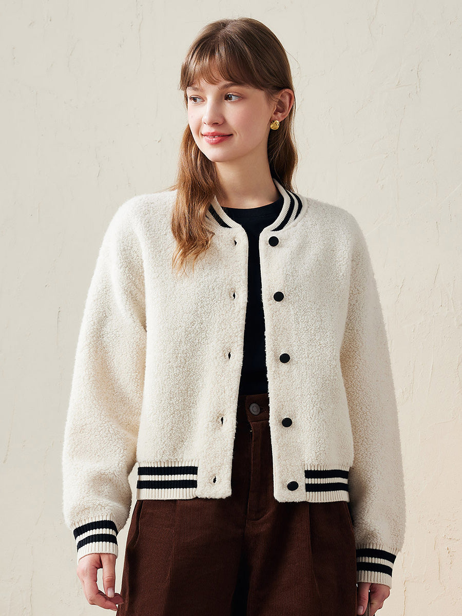 COMOBOCA 100% Wool Women's Striped Ribbing Jacket