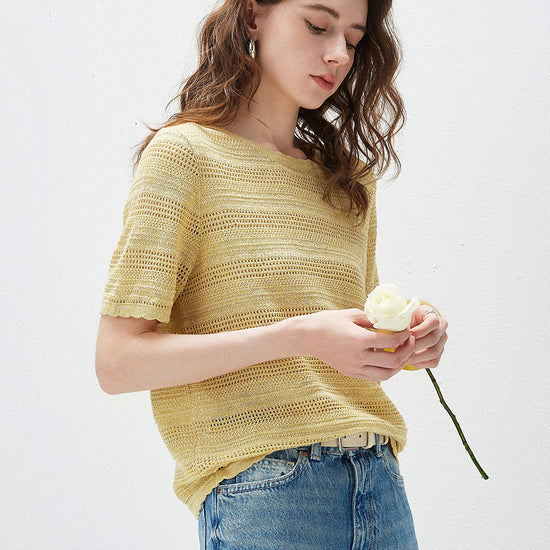 COMOBOCA Women's Openwork Mesh Knit T-Shirt
