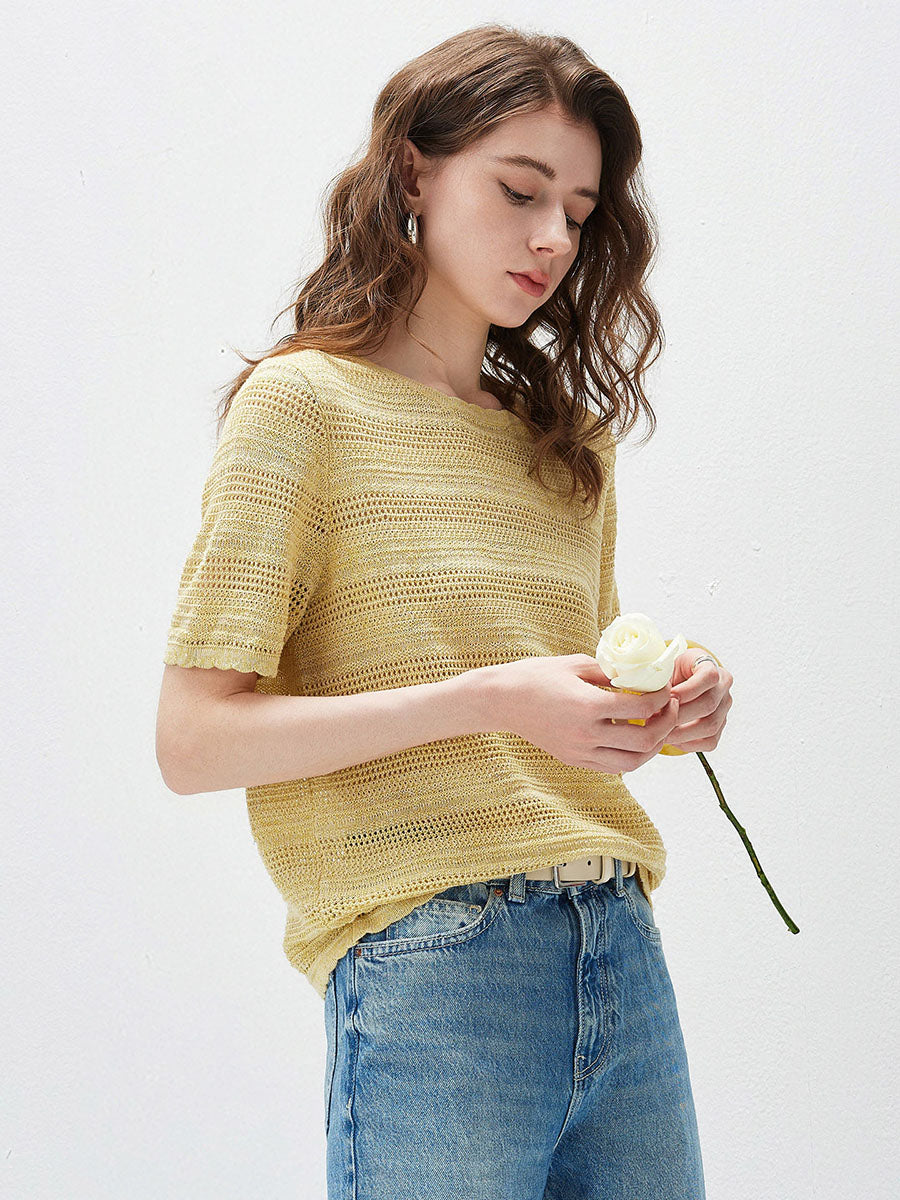 COMOBOCA Women's Openwork Mesh Knit T-Shirt