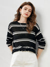 COMOBOCA Women's Striped Ribbed Round Neck Sweater