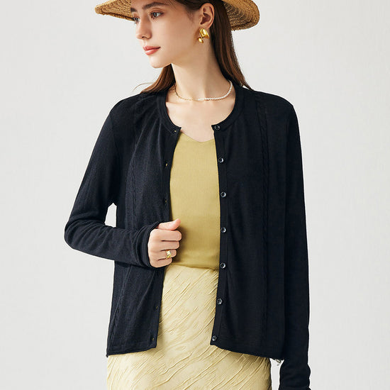 COMOBOCA Black Women's Button-Up Cardigan with Cable Knit Detail