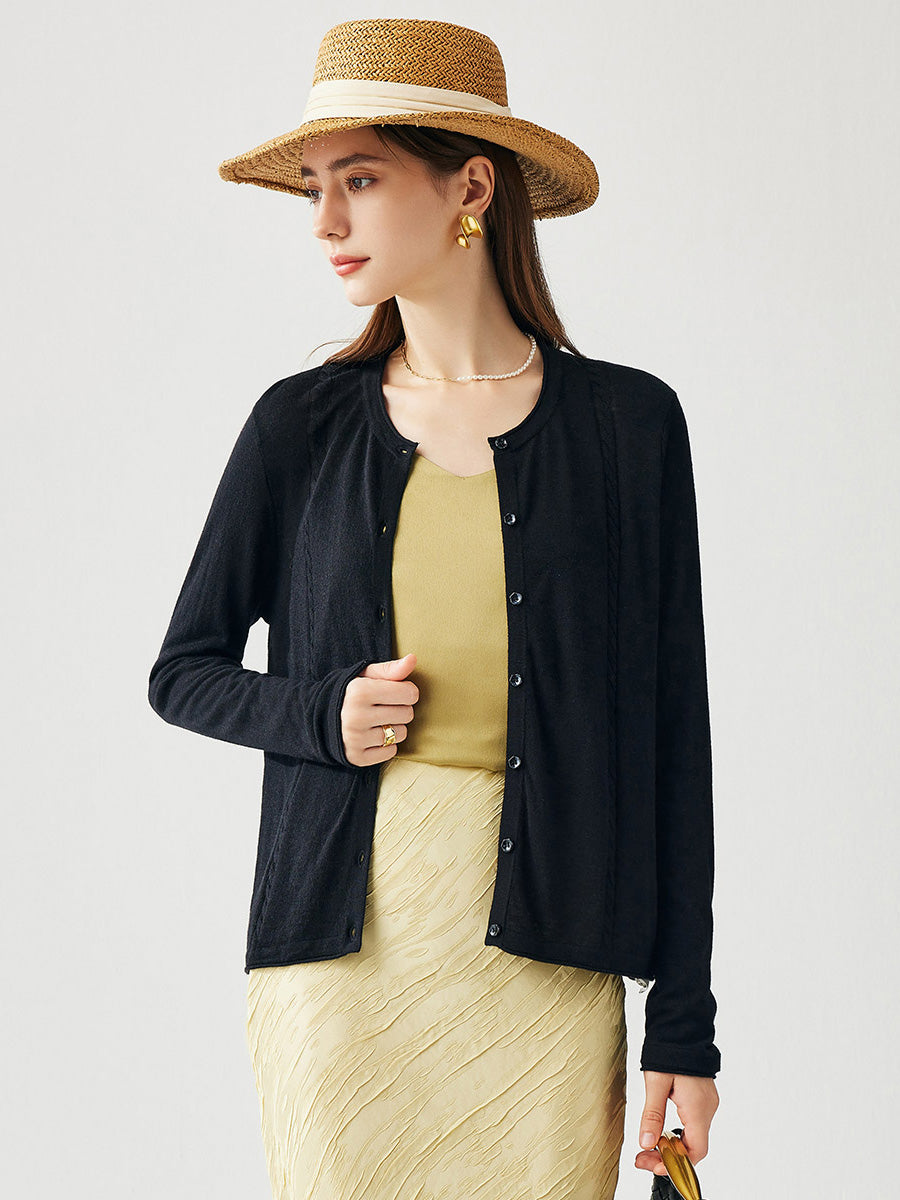 COMOBOCA Black Women's Button-Up Cardigan with Cable Knit Detail