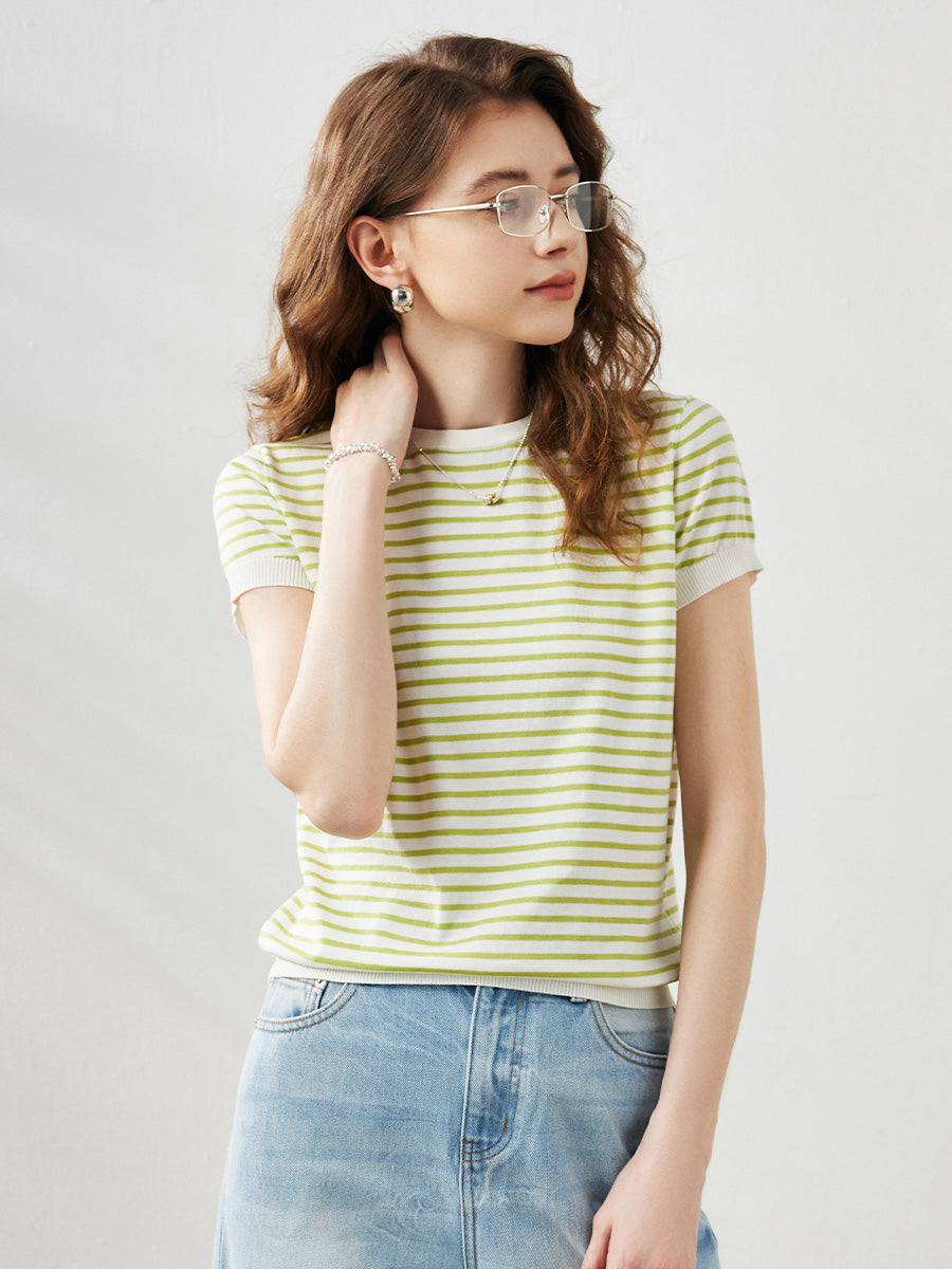 COMOBOCA Women's Striped Button Back T-Shirt