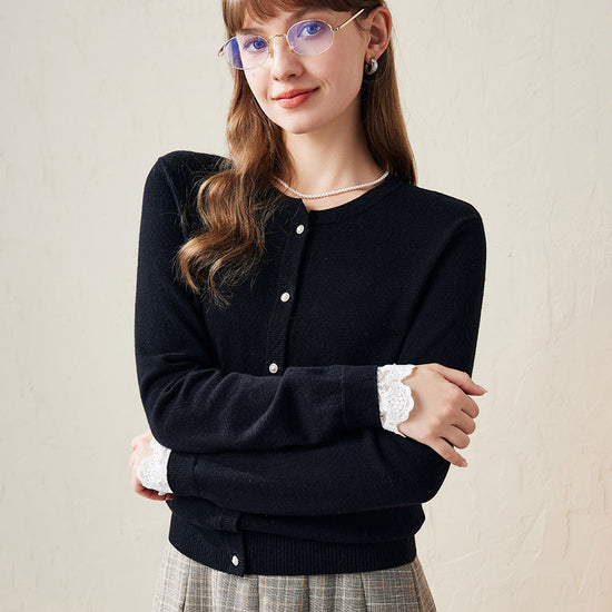 COMOBOCA Black 100% Wool Ribbed Extra Size Cardigan with Lace Cuffs