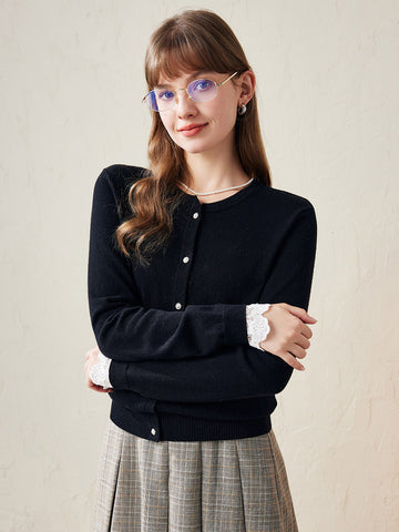 COMOBOCA Black 100% Wool Ribbed Extra Size Cardigan with Lace Cuffs