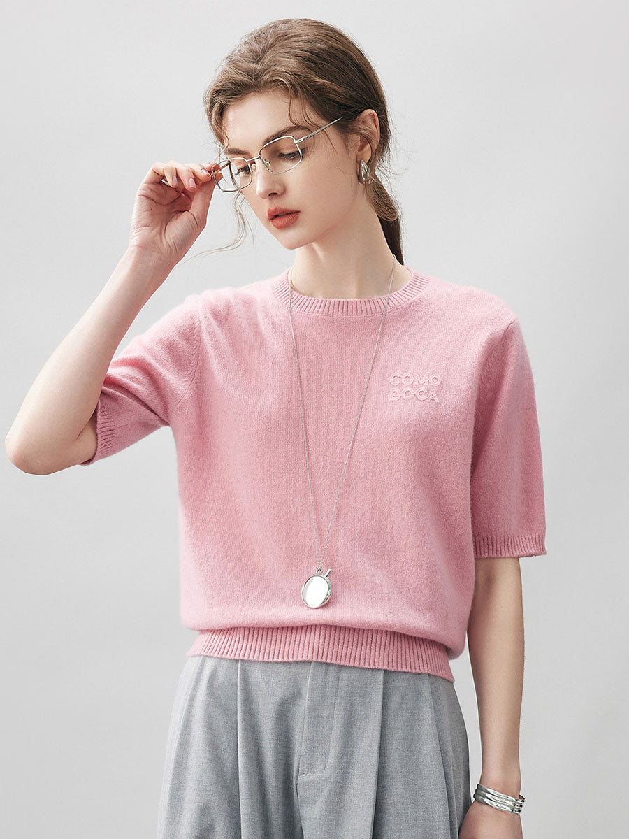 COMOBOCA Pink 100% Cashmere Women's Embroidered Logo Short Sleeve Sweater