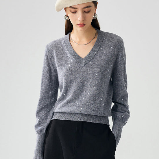 COMOBOCA Gray 100% Cashmere Women's Sweater with Crystal Embellishments