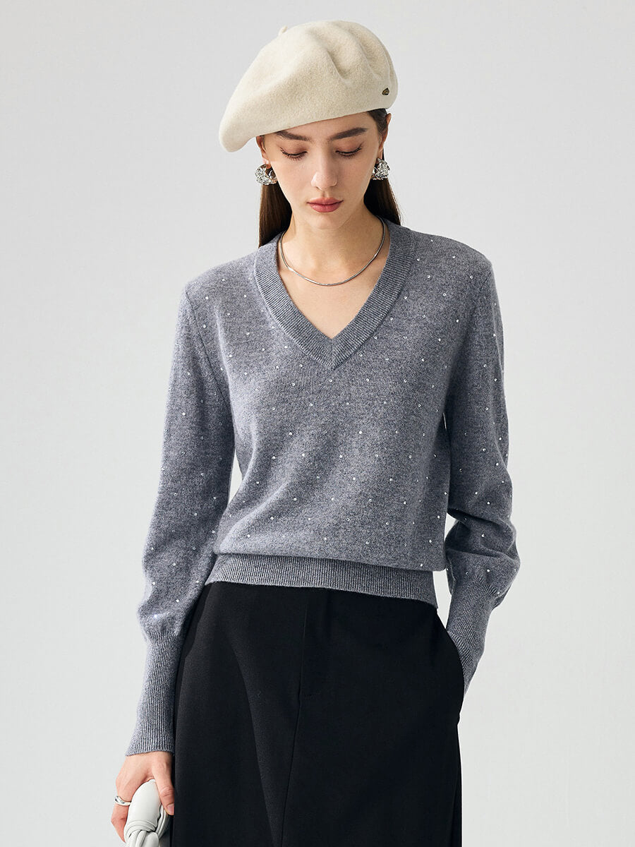 COMOBOCA Gray 100% Cashmere Women's Sweater with Crystal Embellishments