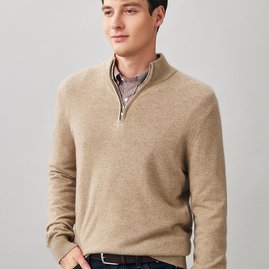 COMOBOCA Camel 100% Cashmere Men's Half Zip Mock Neck Sweater