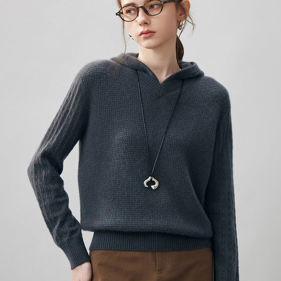 COMOBOCA Charcoal 100% Cashmere Women's Ribbed Knit Hoodie