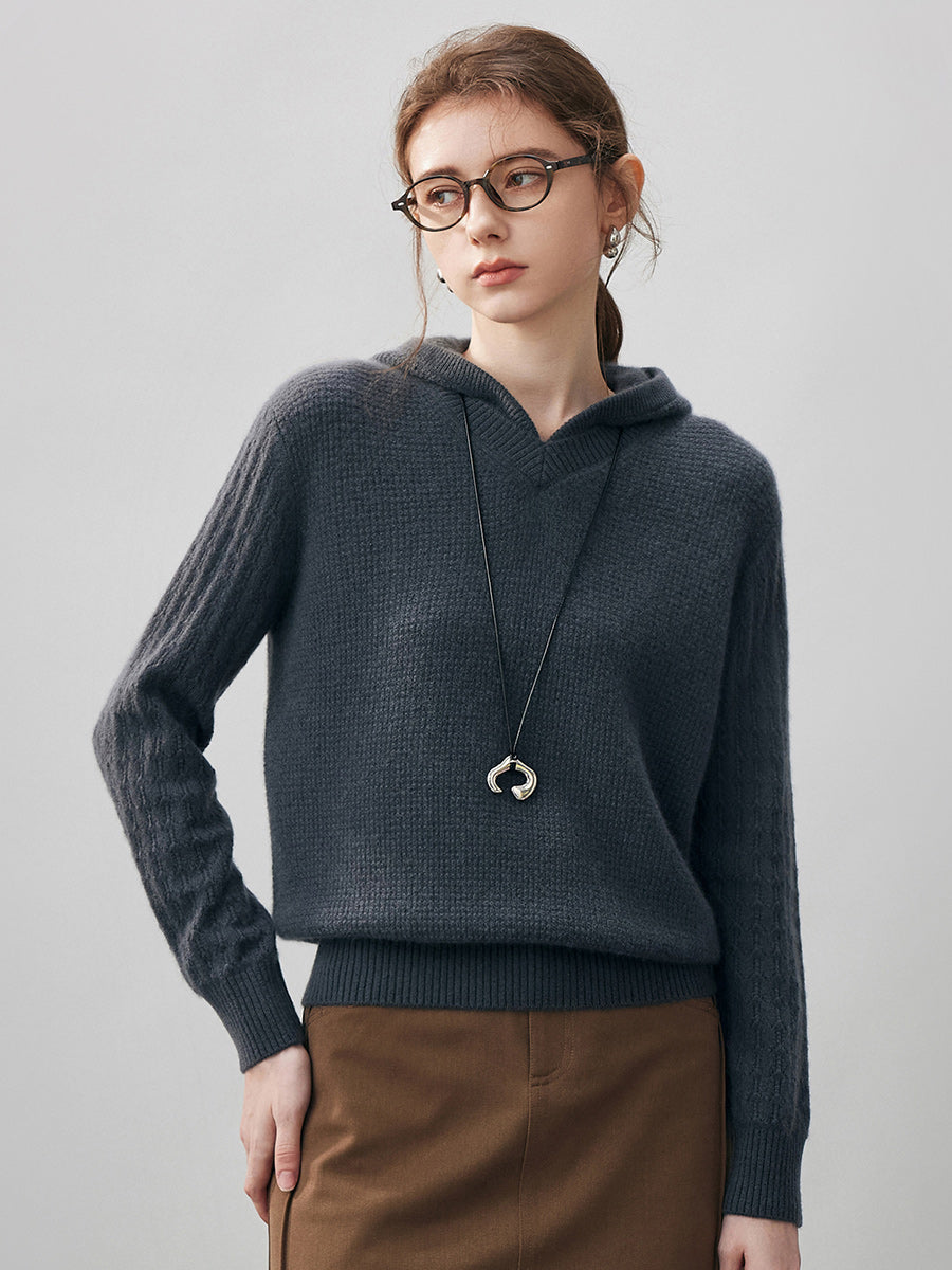 COMOBOCA Charcoal 100% Cashmere Women's Ribbed Knit Hoodie