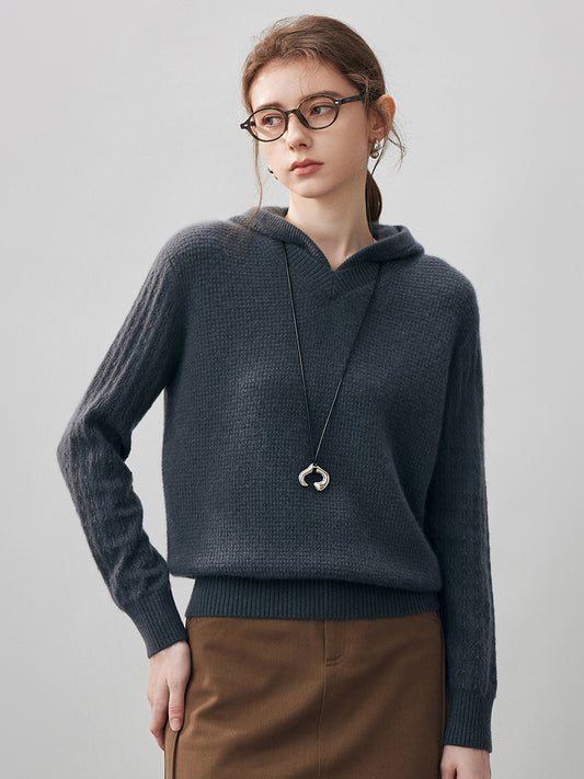 COMOBOCA Charcoal 100% Cashmere Women's Ribbed Knit Hoodie