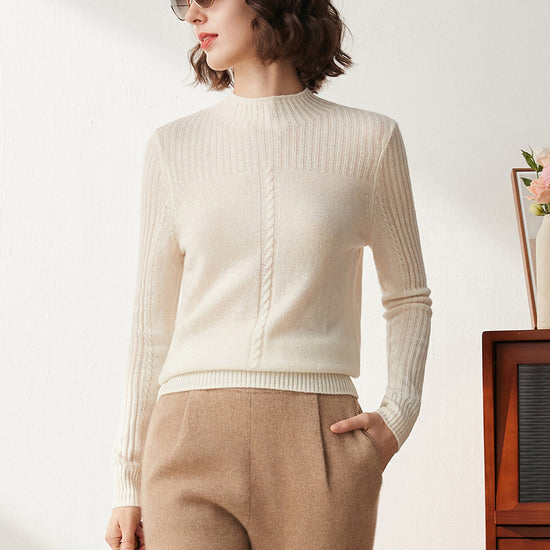COMOBOCA 100% Cashmere Women's Mock Neck Cable Knit Sweater