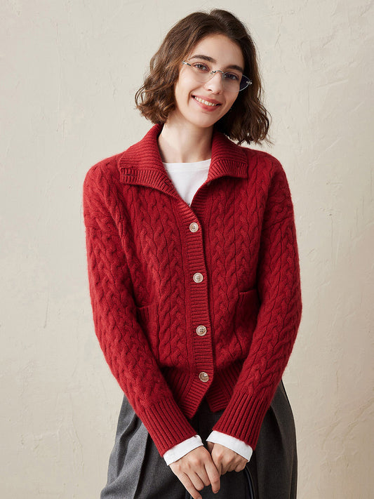 COMOBOCA Red 100% Cashmere Women's Cable Knit Pocket Cardigan