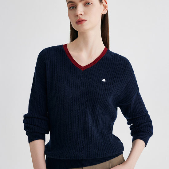COMOBOCA Navy Blue 100% Cashmere Women's V-Neck Cable Knit Sweater