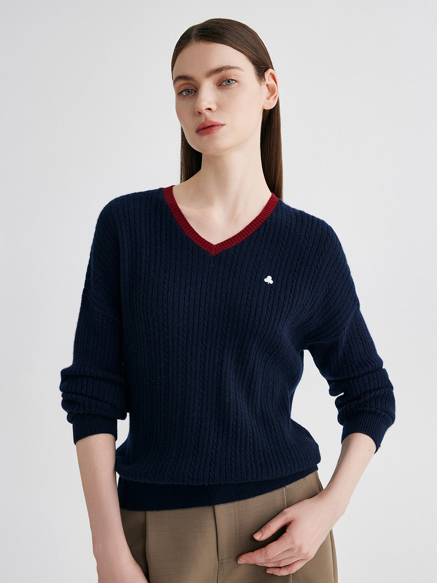 COMOBOCA Navy Blue 100% Cashmere Women's V-Neck Cable Knit Sweater