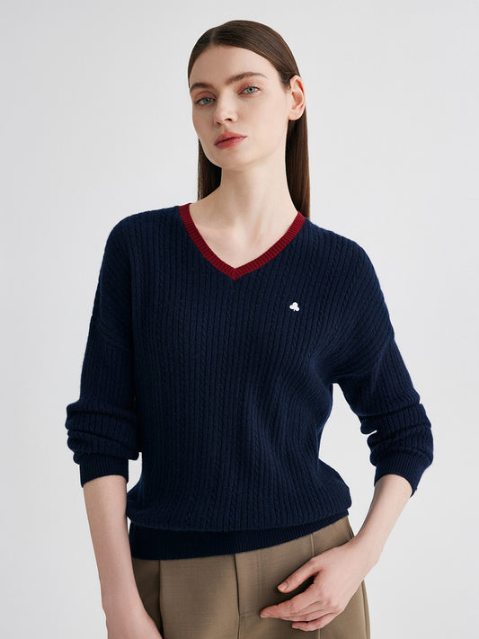 COMOBOCA Navy Blue 100% Cashmere Women's V-Neck Cable Knit Sweater