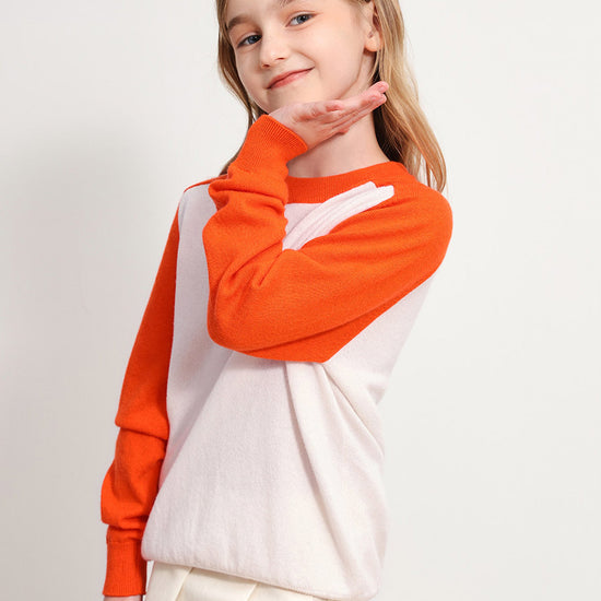 COMOBOCA ORANGE 100% Wool Kids' Round Neck Color Block Sweater