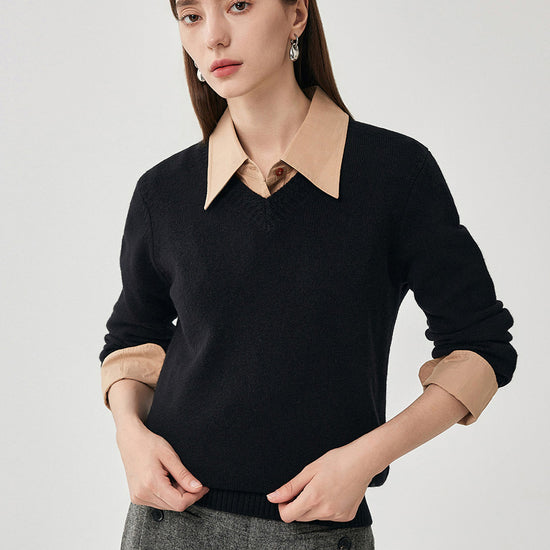 COMOBOCA 100% Wool Women's V-Neck Ribbed Knit Sweater