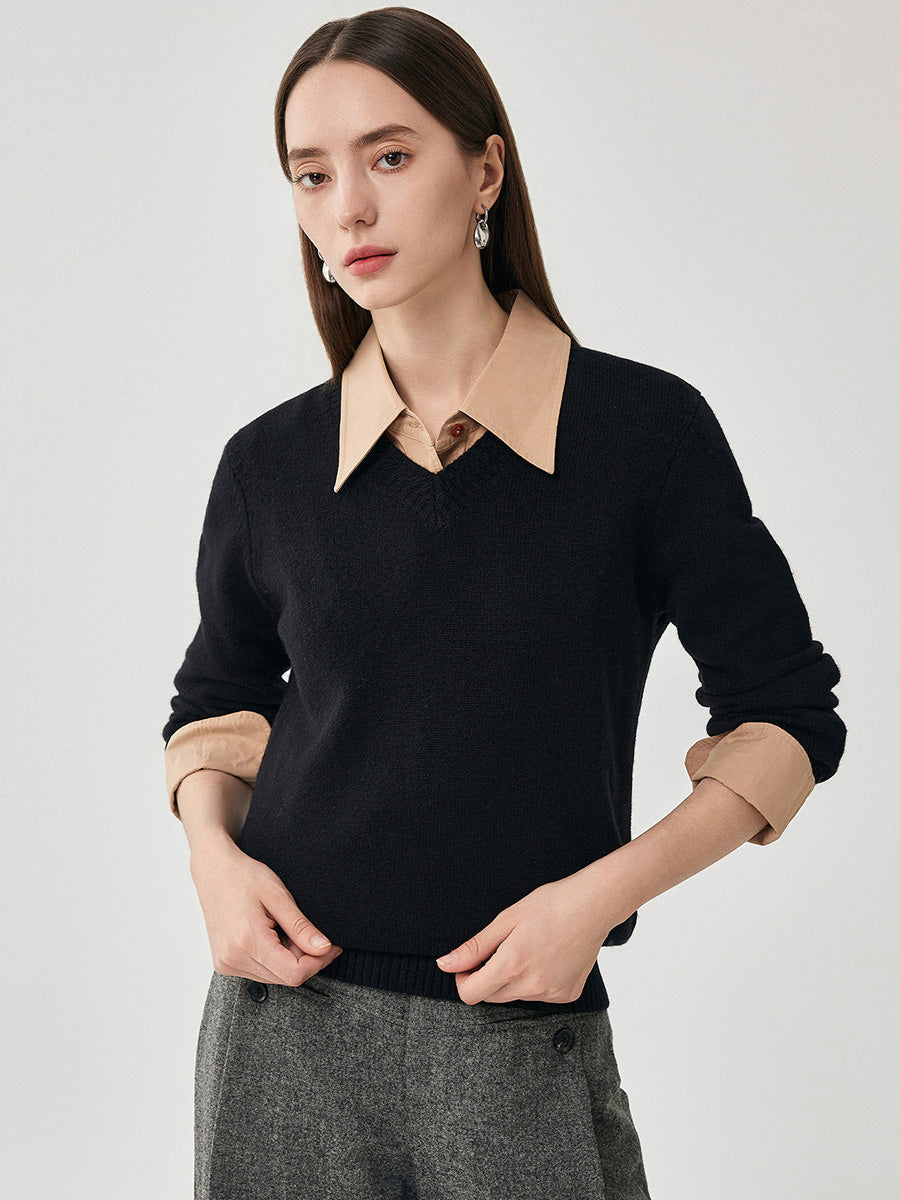 COMOBOCA 100% Wool Women's V-Neck Ribbed Knit Sweater