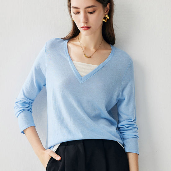 COMOBOCA Women's V-Neck Layered Knit Sweater