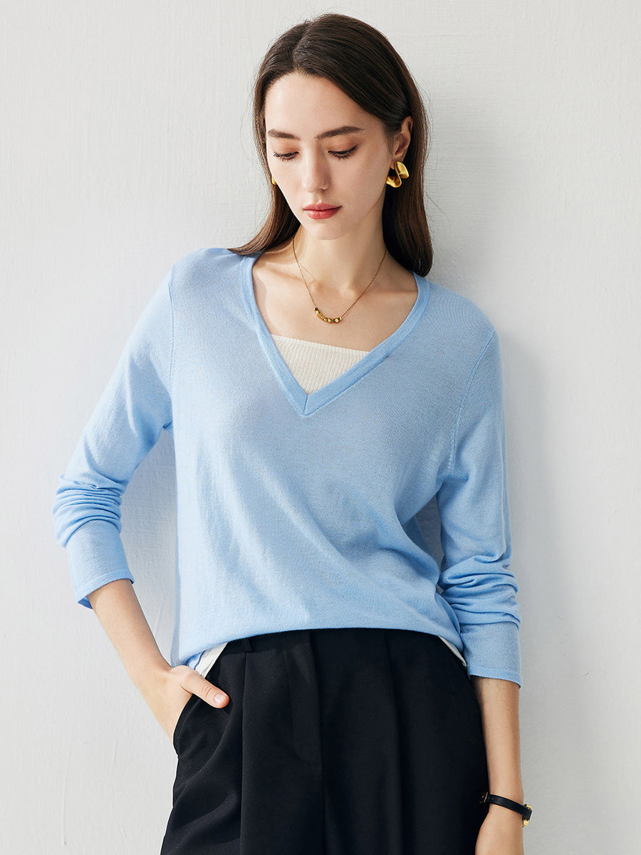 COMOBOCA Women's V-Neck Layered Knit Sweater