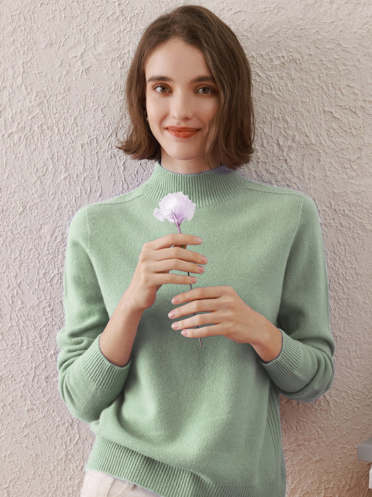 COMOBOCA GREEN 100% Wool Women's All-Match Mock Neck Sweater