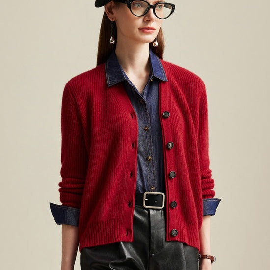 COMOBOCA 100% Cashmere Women's V-Neck Ribbed Button Cardigan