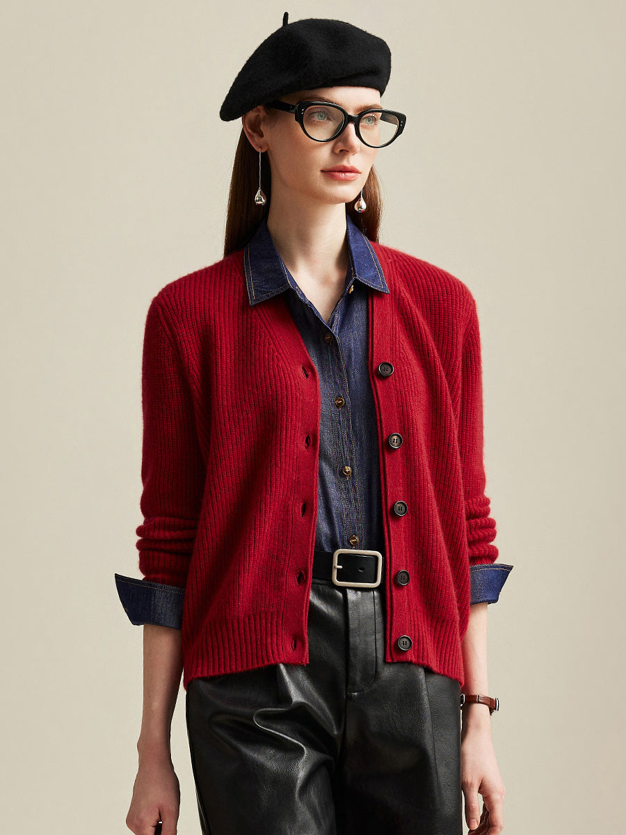 COMOBOCA 100% Cashmere Women's V-Neck Ribbed Button Cardigan