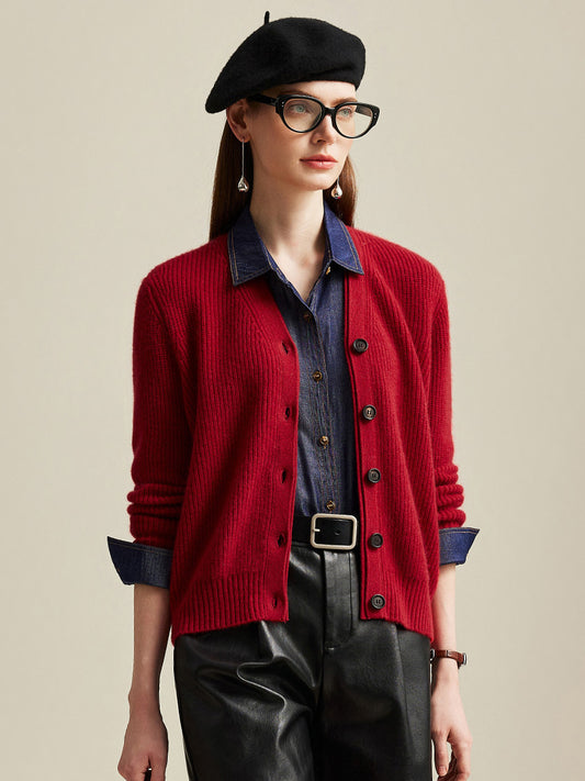 COMOBOCA 100% Cashmere Women's V-Neck Ribbed Button Cardigan