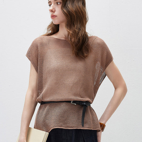 COMOBOCA Coffee Women's Sheer Mesh Knit Cap Sleeve Top with Side Slit