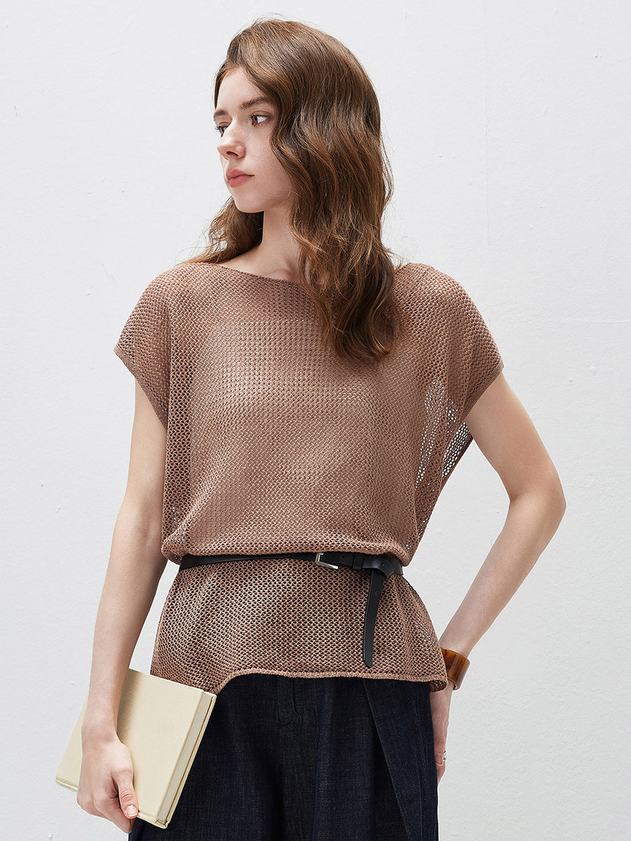 COMOBOCA Coffee Women's Sheer Mesh Knit Cap Sleeve Top with Side Slit