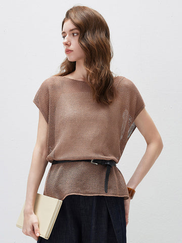 COMOBOCA Coffee Women's Sheer Mesh Knit Cap Sleeve Top with Side Slit