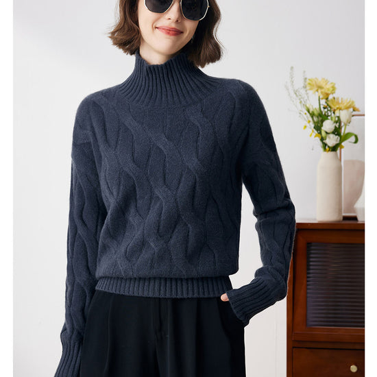 COMOBOCA NAVY BLUE 100% Cashmere Women's Turtleneck Cable Knit Sweater