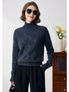 COMOBOCA NAVY BLUE 100% Cashmere Women's Turtleneck Cable Knit Sweater