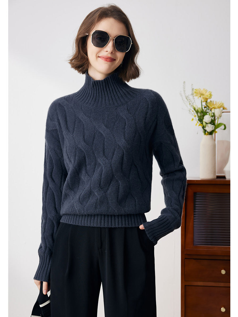 COMOBOCA NAVY BLUE 100% Cashmere Women's Turtleneck Cable Knit Sweater