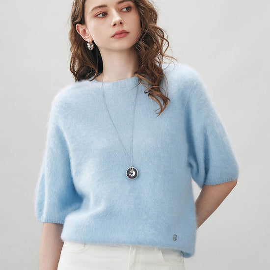 COMOBOCA Light Blue Women's Wool Seamless Brushed Half Sleeve Knit Sweater