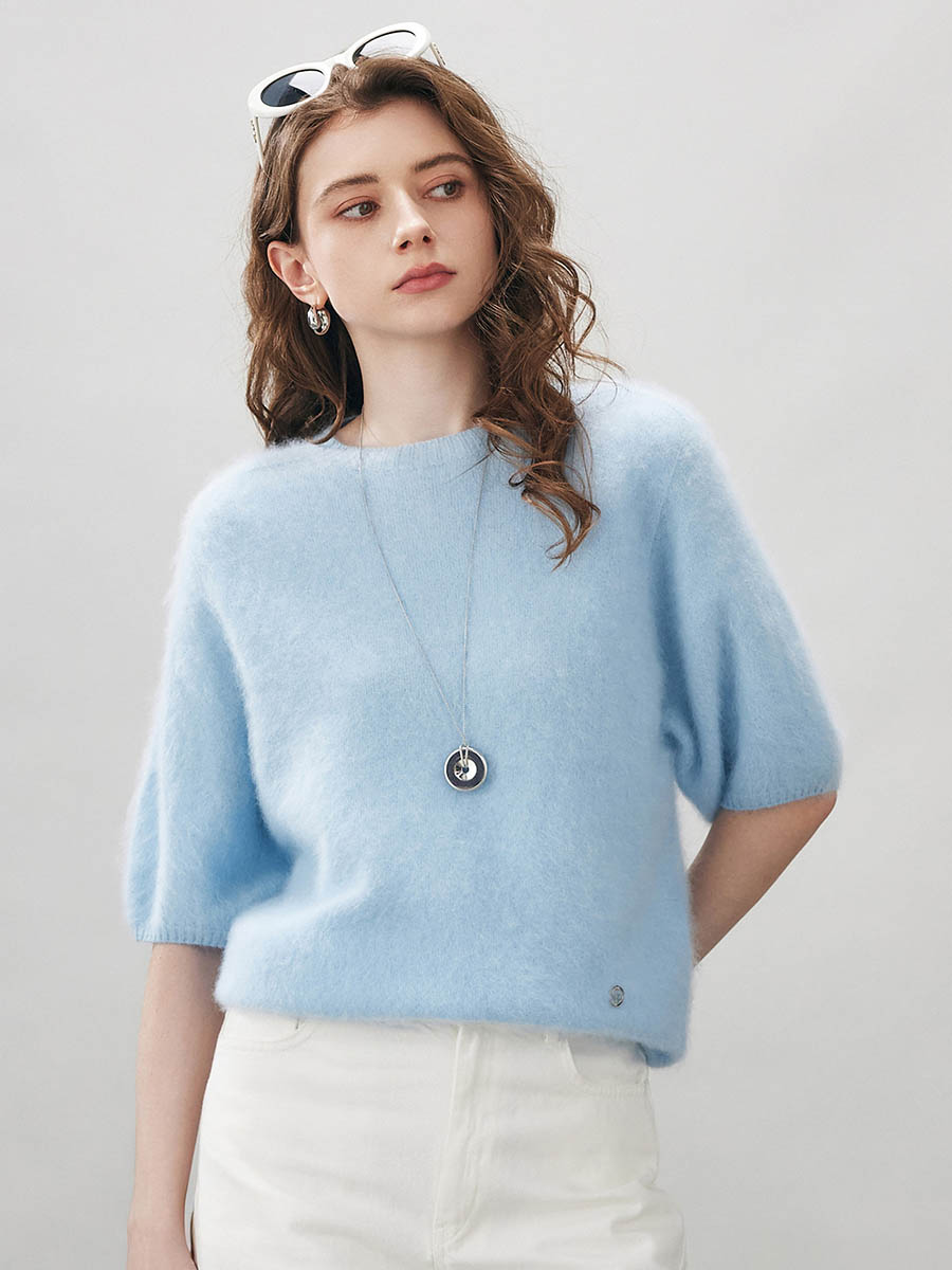 COMOBOCA Light Blue Women's Wool Seamless Brushed Half Sleeve Knit Sweater