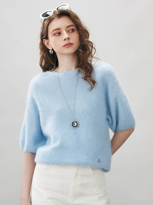 COMOBOCA Light Blue Women's Wool Seamless Brushed Half Sleeve Knit Sweater