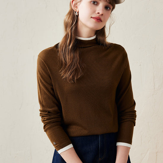 COMOBOCA Brown 100% Wool Women's Lightweight Turtleneck Sweater