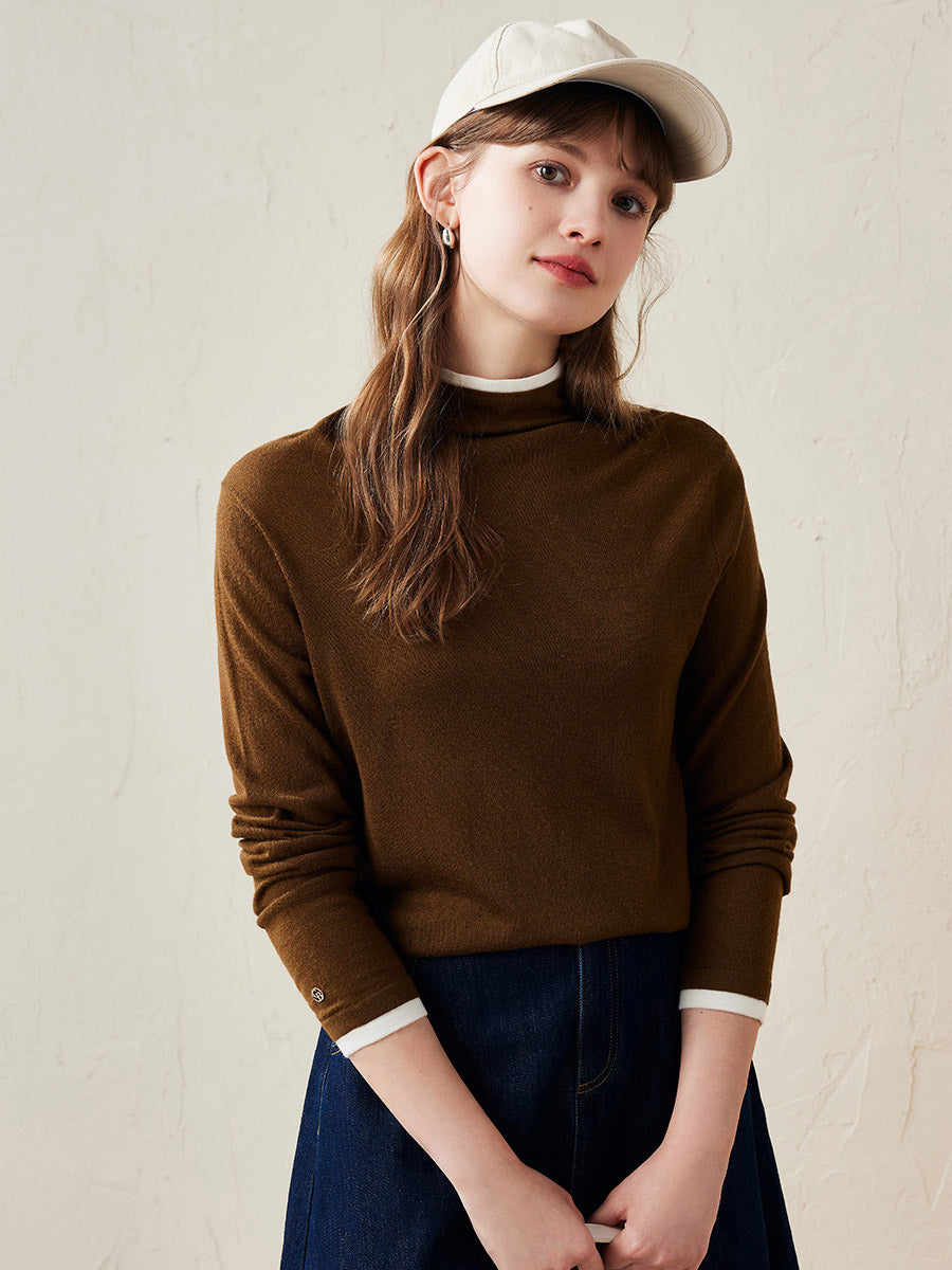 COMOBOCA Brown 100% Wool Women's Lightweight Turtleneck Sweater