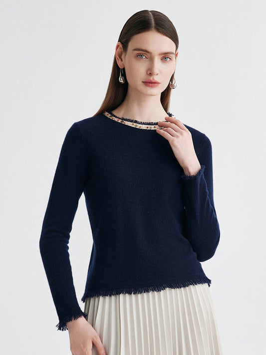 COMOBOCA Navy Blue 100% Cashmere Women's Fringed Hem Floral Sweater