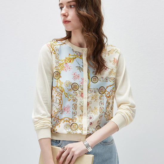 COMOBOCA Women's Printed Panel Knit Cardigan