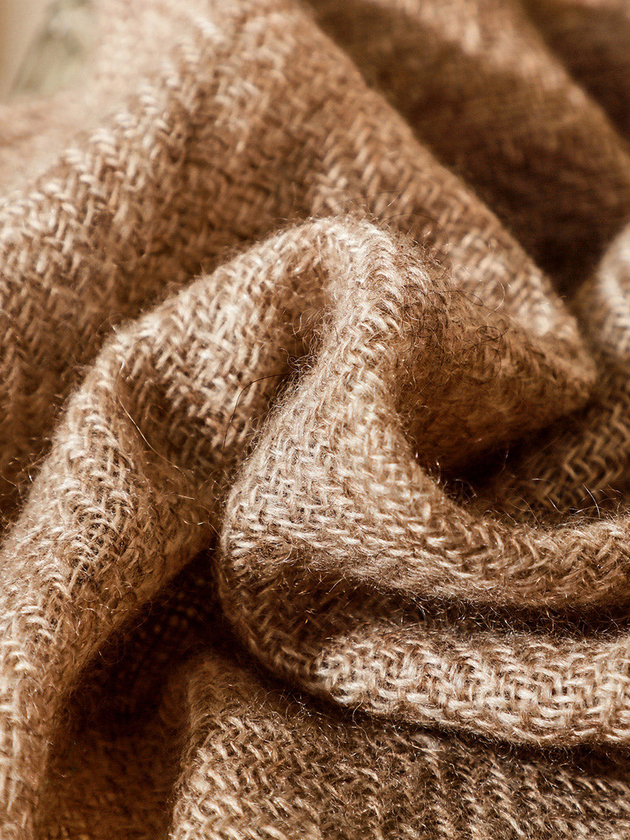 COMOBOCA BROWN 100% Cashmere Fringe Herringbone Scarf