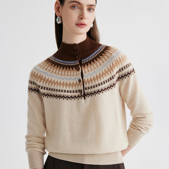 COMOBOCA 100% Cashmere Women's Fair Isle Mock Neck Button Front Sweater